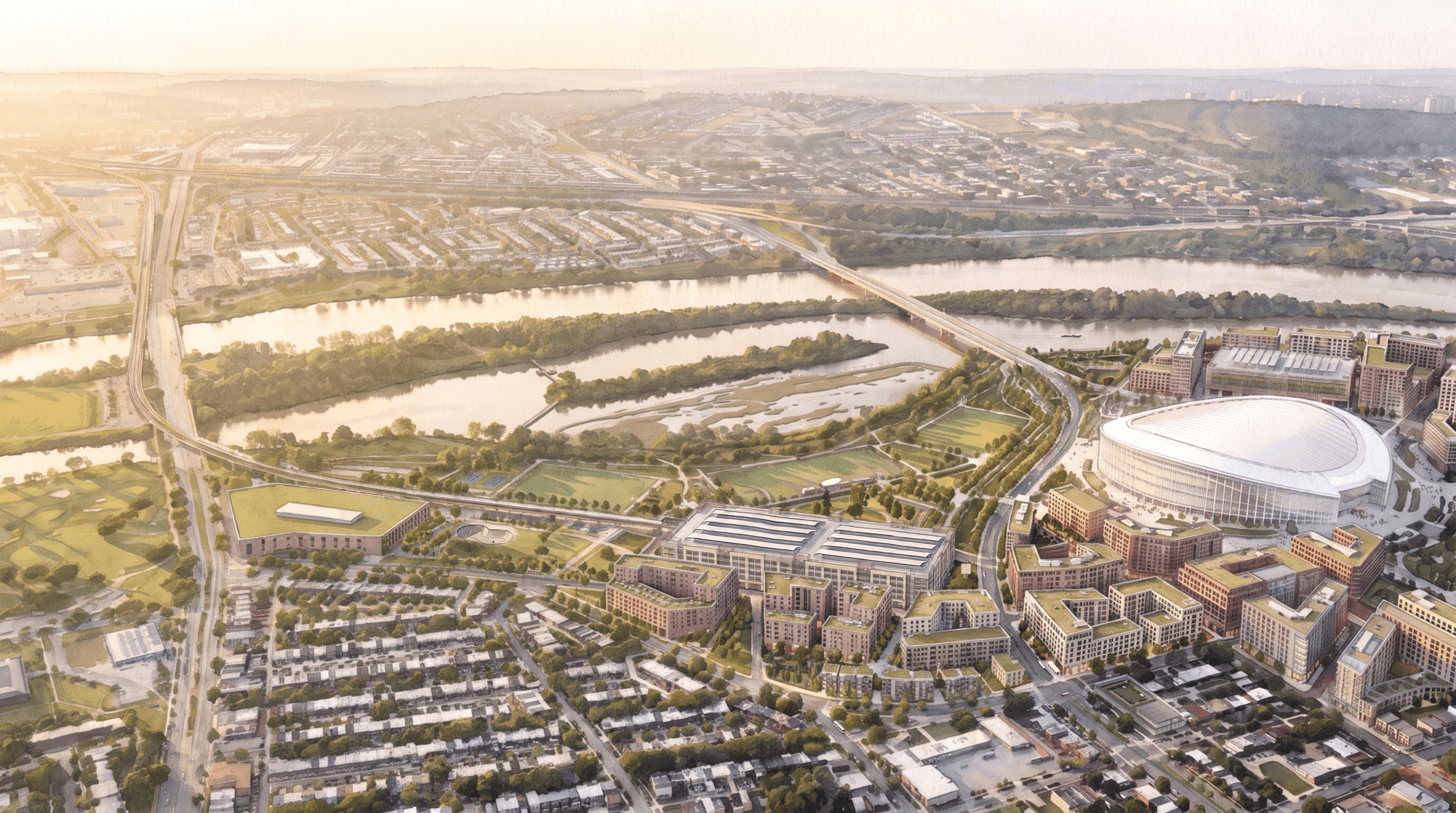 Aerial Rendering Looking East Across Kingman Commons