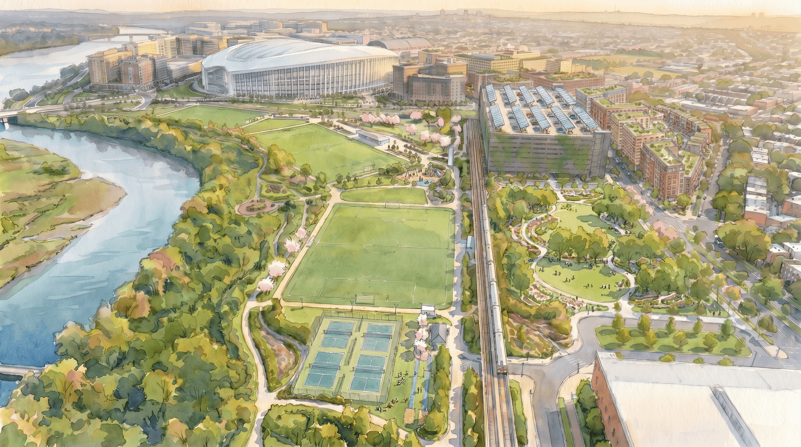 Aerial Rendering Looking South over Recreation District