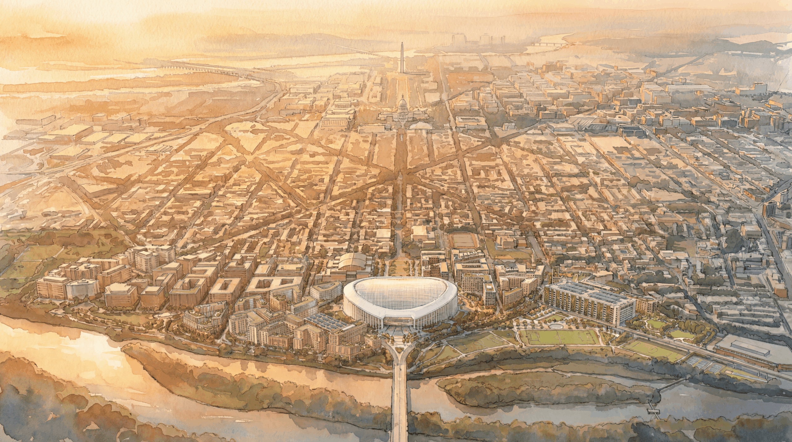 Aerial Rendering Looking West Over Stadium